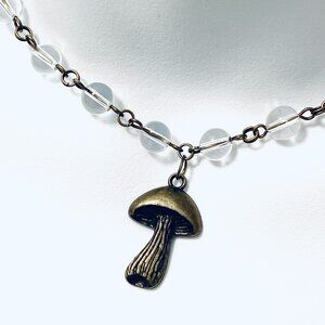 Genuine Clear Quartz Short Necklace, Bronze Slim Mushroom + Natural Gemstone